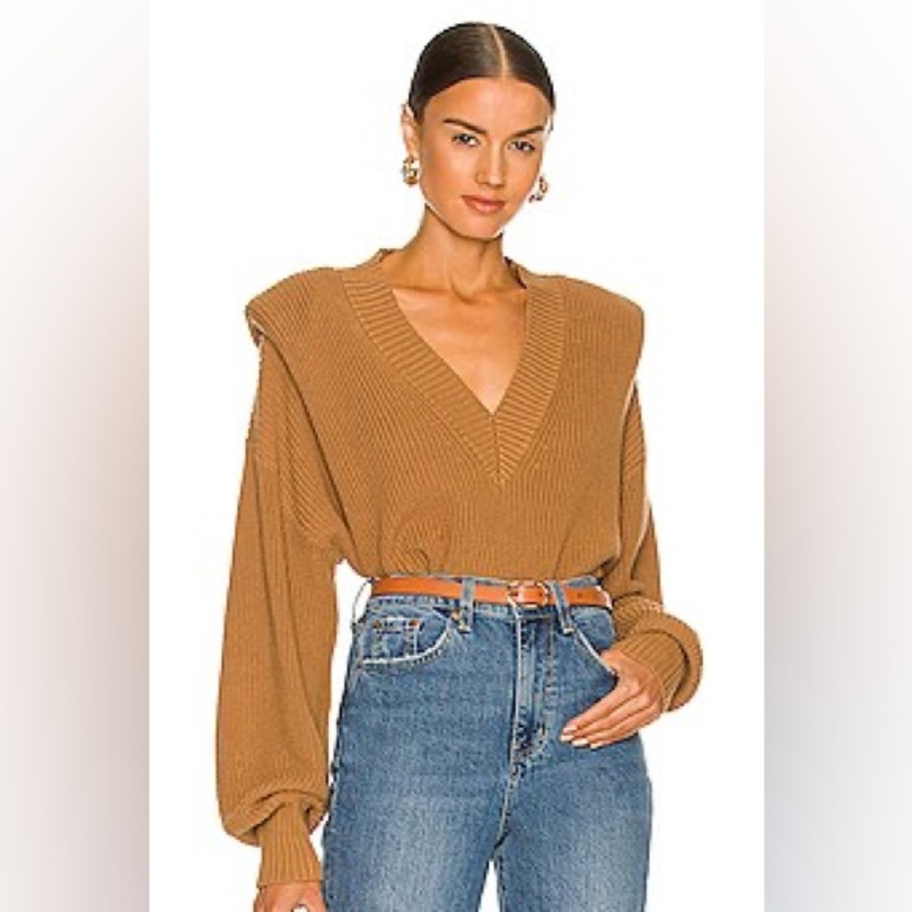 Pistola Camille V-Neck Shoulder Pad Sweater in Nutmeg Size Medium